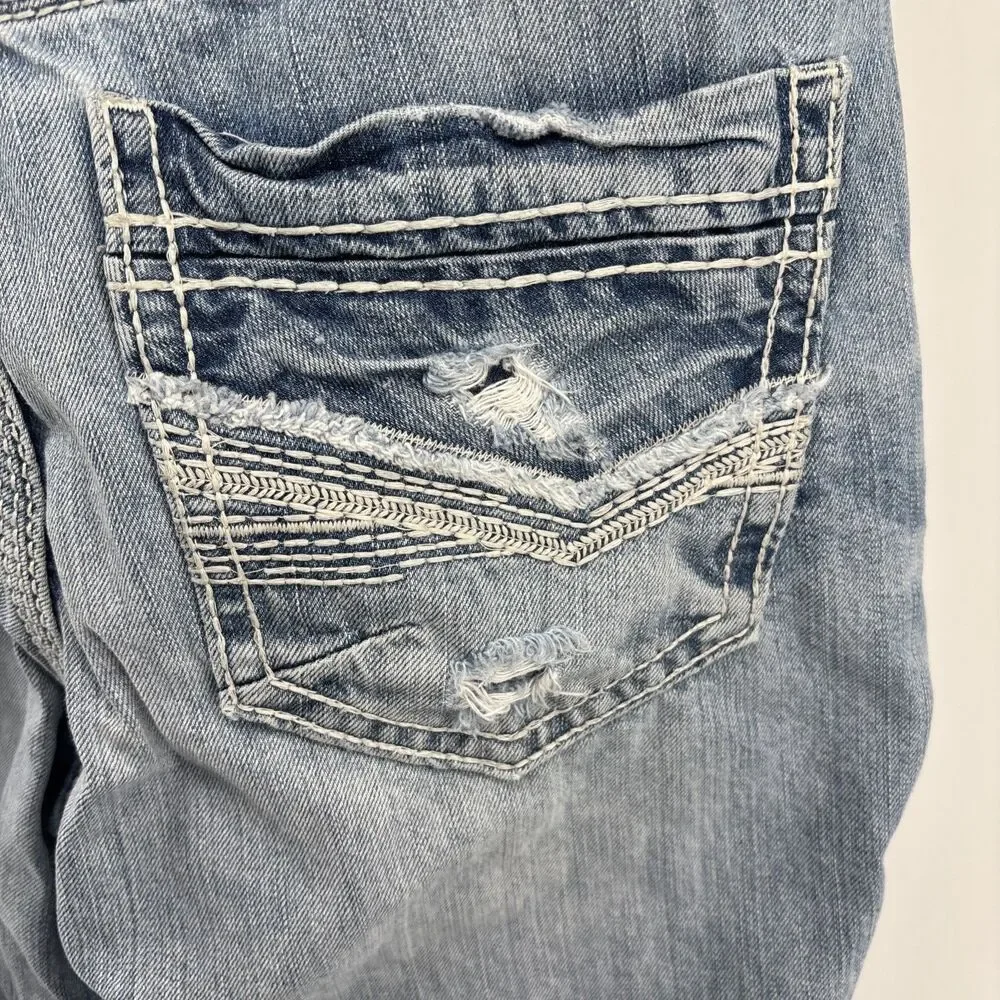 BKE Tyler Straight Leg Jeans 32R Faded Distressed Blue Stretch Denim